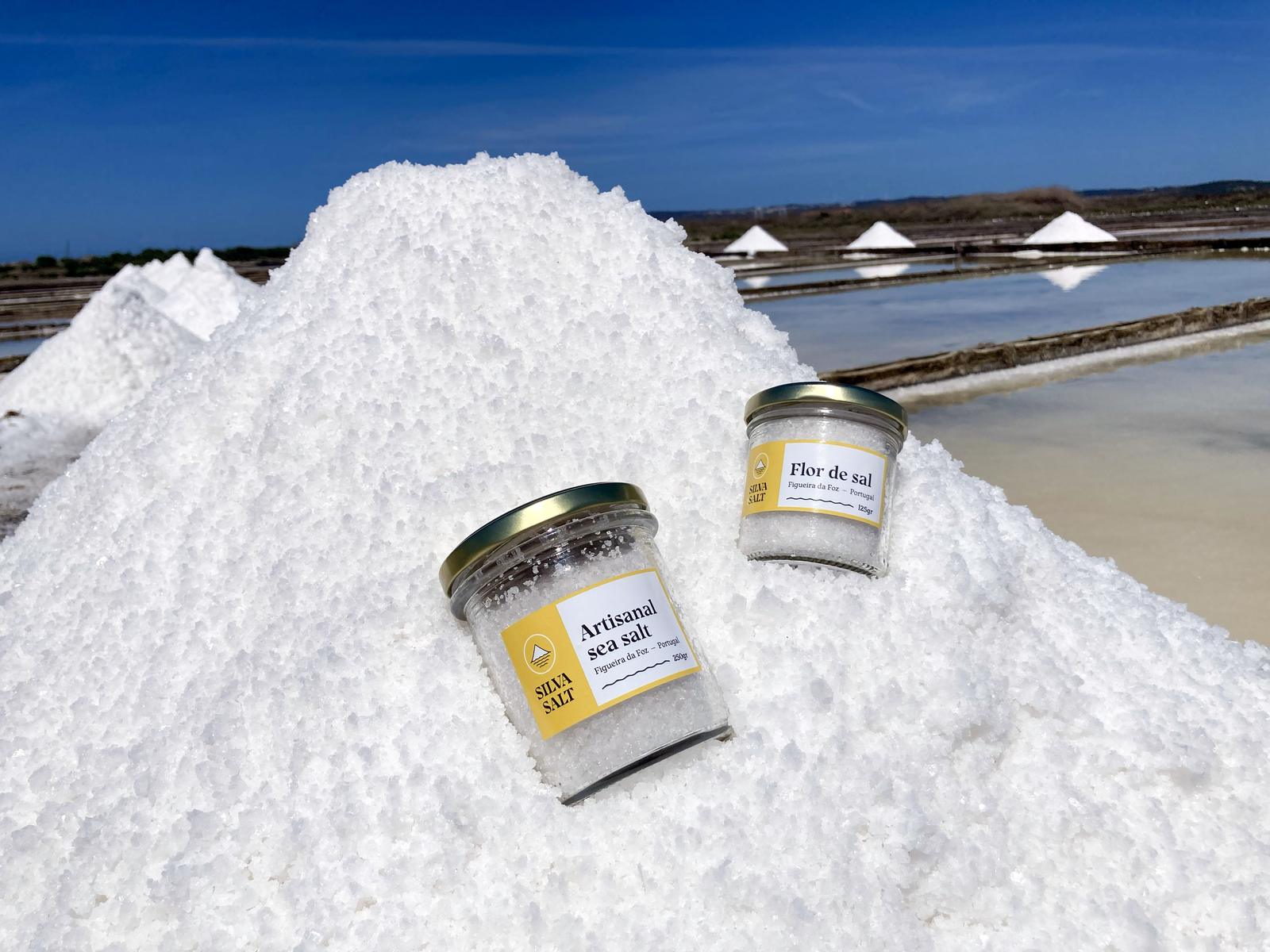 The Artisanal Sea Salt and Flor de Sal jars together on the salt pans